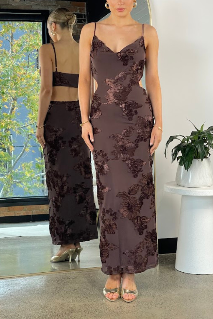 chocolate mesh cut out layered maxi dress Missyempire x Aaliyah Ceilia mesh cut out overlay maxi dress in chocolate