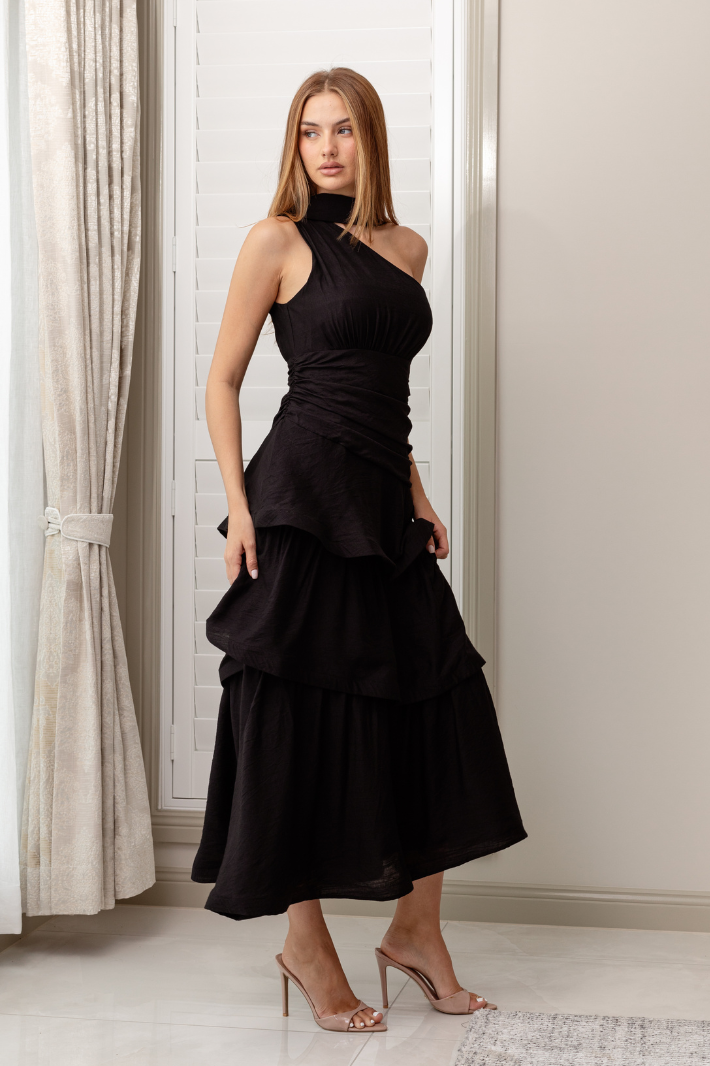 KARLA ONE SHOULDER MAXI DRESS - Black Dolly Girl Fashion KARLA ONE SHOULDER MAXI DRESS - Black Dolly Girl Fashion