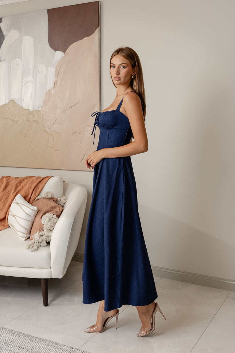 FALISTA FLOWY MAXI DRESS - Denim Navy Dolly Girl Fashion FALISTA FLOWY MAXI DRESS - Denim Navy Dolly Girl Fashion
