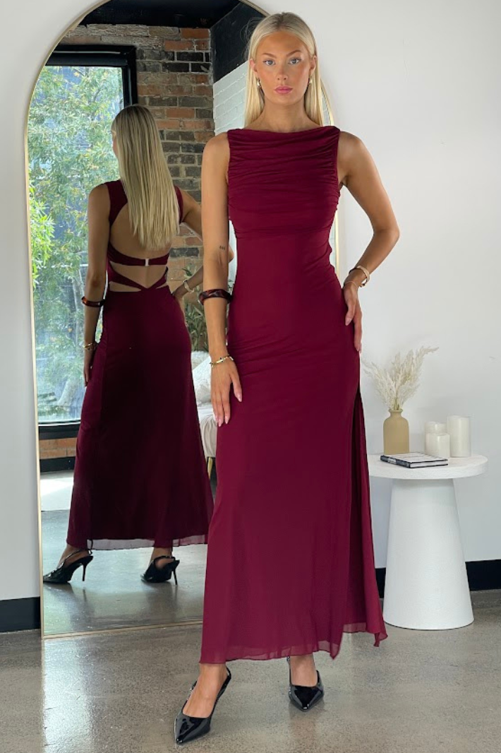 ADEN BACK CUT-OUT MESH MAXI DRESS - Wine Red Dolly Girl Fashion ADEN BACK CUT-OUT MESH MAXI DRESS - Wine Red Dolly Girl Fashion