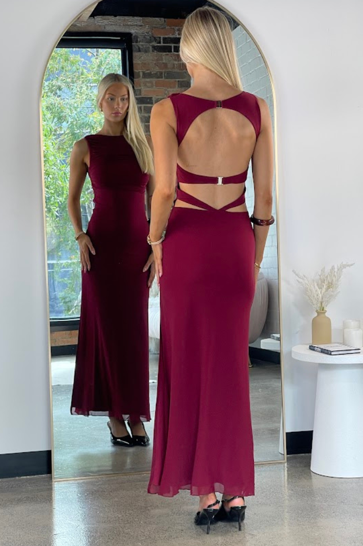 ADEN BACK CUT-OUT MESH MAXI DRESS - Wine Red Dolly Girl Fashion ADEN BACK CUT-OUT MESH MAXI DRESS - Wine Red Dolly Girl Fashion