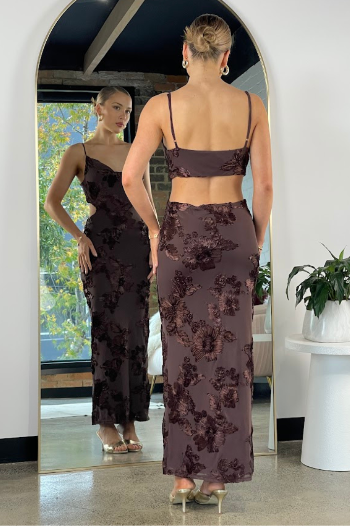 CIEL WAIST CUT-OUT MESH MAXI DRESS - Chocolate Floral