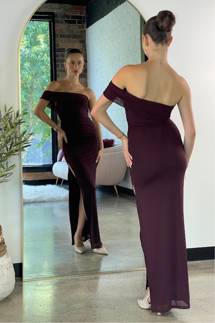 CHANT IT OFF-SHOULDER MAXI DRESS - Plum