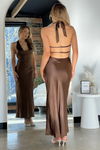 LUTEL BACKLESS MAXI DRESS - Brown Satin