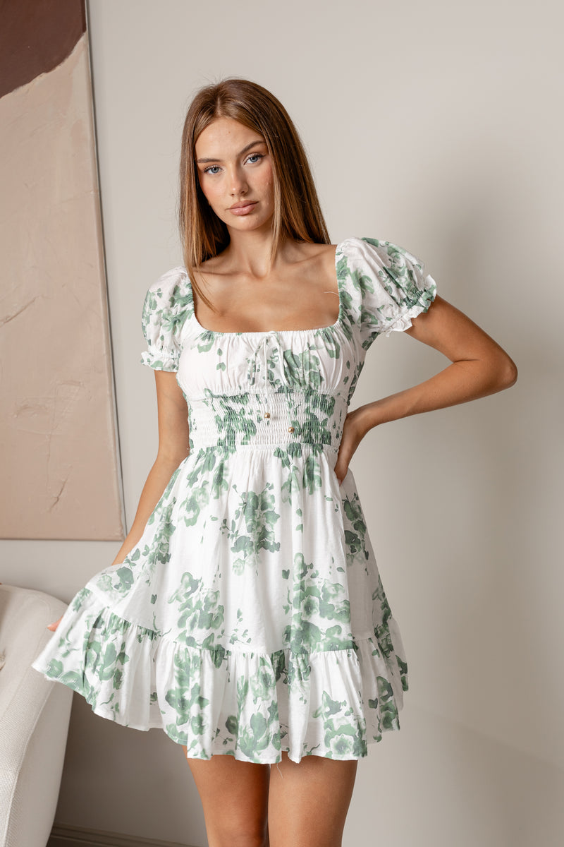 EVANGELISTA OFF SHOULDER MINI DRESS - White Green Floral