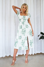 EVANGELISTA OFF SHOULDER MIDI DRESS - White Green Floral