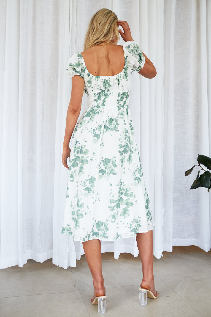 EVANGELISTA OFF SHOULDER MIDI DRESS - White Green Floral