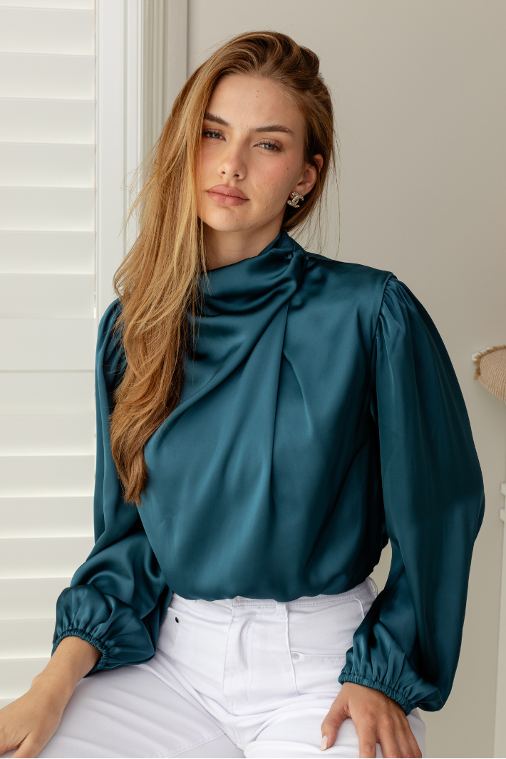 HAVANA LONG SLEEVE CROP TOP - Teal Satin