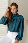 HAVANA LONG SLEEVE CROP TOP - Teal Satin