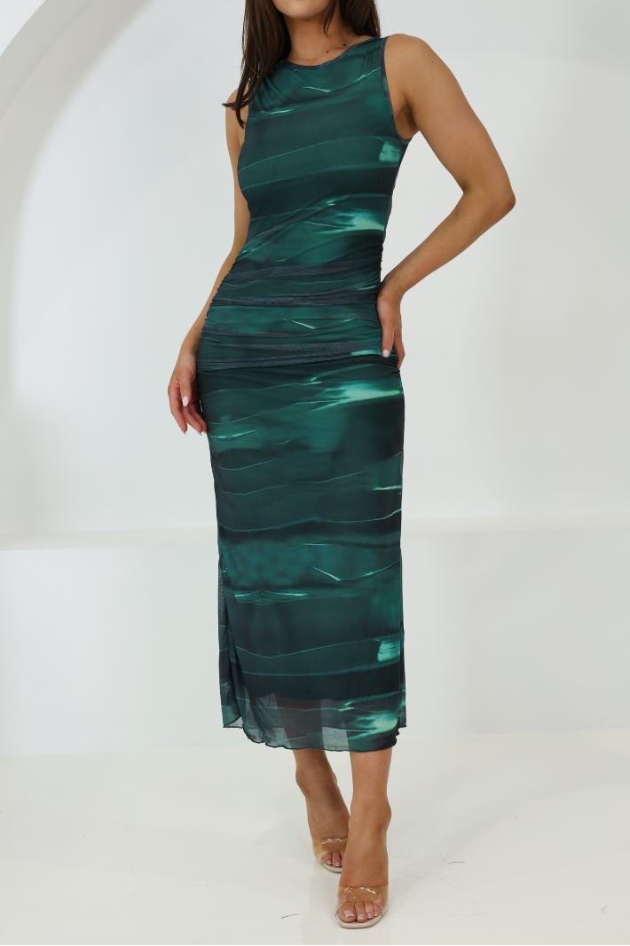 NORDIA SLEEVELESS MESH MAXI DRESS - Dark Green Print Dolly Girl Fashion NORDIA SLEEVELESS MESH MAXI DRESS - Dark Green Print Dolly Girl Fashion