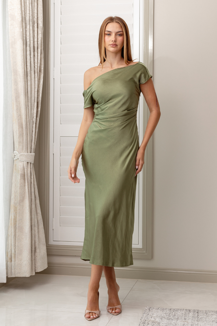 ZANIYAH ONE SHOULDER MAXI DRESS - Olive Green Satin Dolly Girl Fashion ZANIYAH ONE SHOULDER MAXI DRESS - Olive Green Satin Dolly Girl Fashion