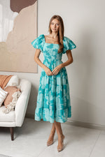 SAFIRE PUFFY SLEEVES MIDI DRESS - Teal Floral