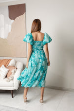 SAFIRE PUFFY SLEEVES MIDI DRESS - Teal Floral