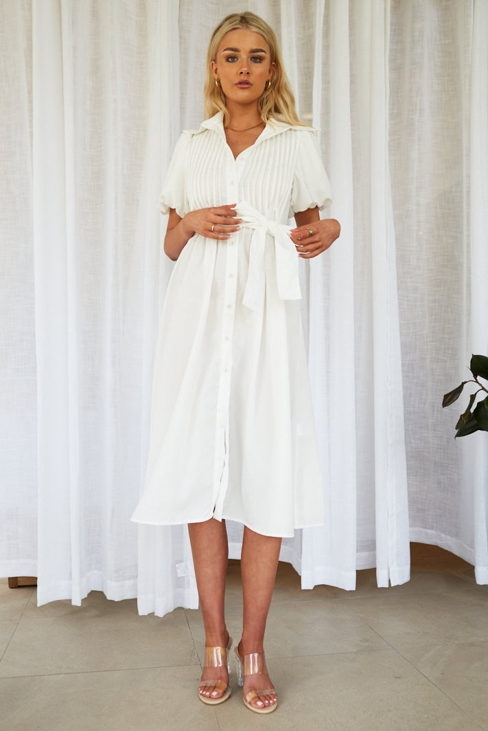 SHAYLENE PUFFY SLEEVE MIDI DRESS - White
