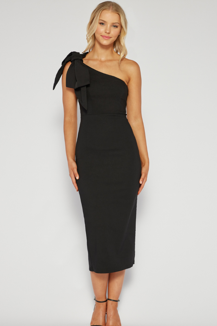 AVEC BOW ONE SHOULDER MIDI DRESS