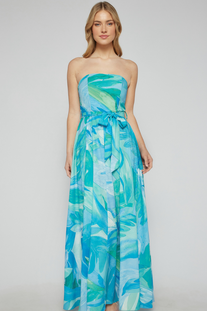 FEINA STRAPLESS MAXI DRESS - Blue Green Print