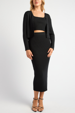 VEON LONG SLEEVE CROP TOP & MAXI KNIT SKIRT SET - Black