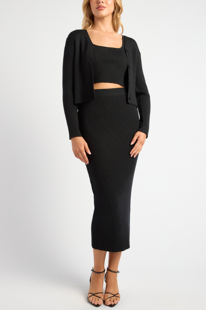 VEON LONG SLEEVE CROP TOP & MAXI KNIT SKIRT SET - Black