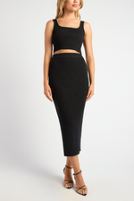 VEON LONG SLEEVE CROP TOP & MAXI KNIT SKIRT SET - Black