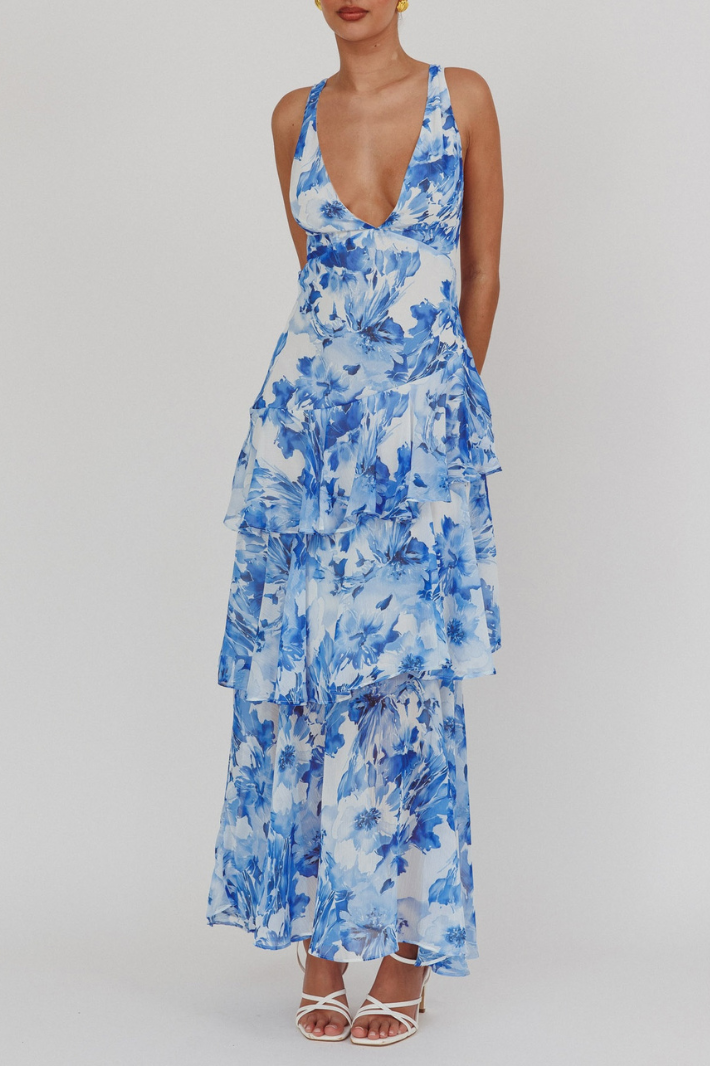 VASA BACK CUT-OUT MAXI DRESS - White Blue Floral