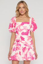 BY THE FLAMES PUFFY SLEEVE MINI DRESS - White Pink Print