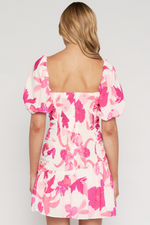 BY THE FLAMES PUFFY SLEEVE MINI DRESS - White Pink Print