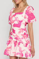 BY THE FLAMES PUFFY SLEEVE MINI DRESS - White Pink Print