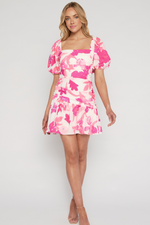 BY THE FLAMES PUFFY SLEEVE MINI DRESS - White Pink Print