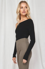 MILINA ONE SHOULDER KNIT CROP TOP - Black