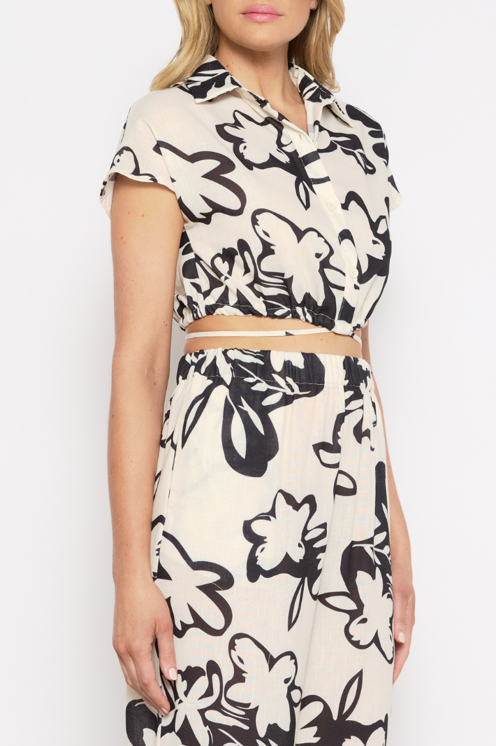 CECILI CROP TOP & PANTS SET - Cream Black Floral