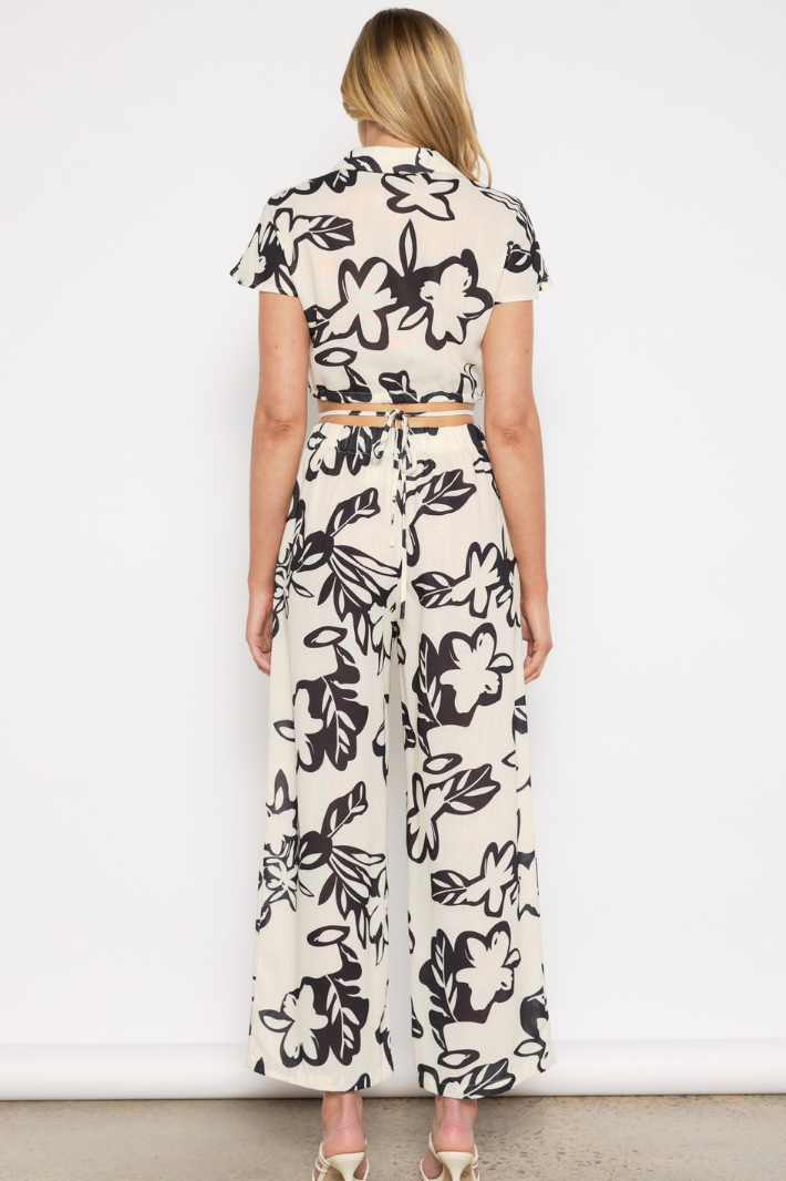 CECILI CROP TOP & PANTS SET - Cream Black Floral