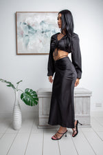 JOVANA LONG SLEEVE CROP TOP - Black Satin