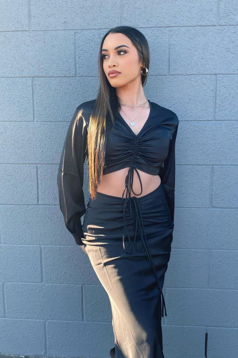 JOVANA LONG SLEEVE CROP TOP - Black Satin